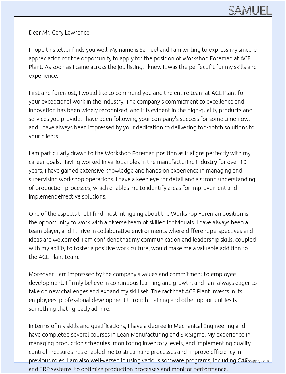 Workshop Foreman At ACE Plant Cover Letter