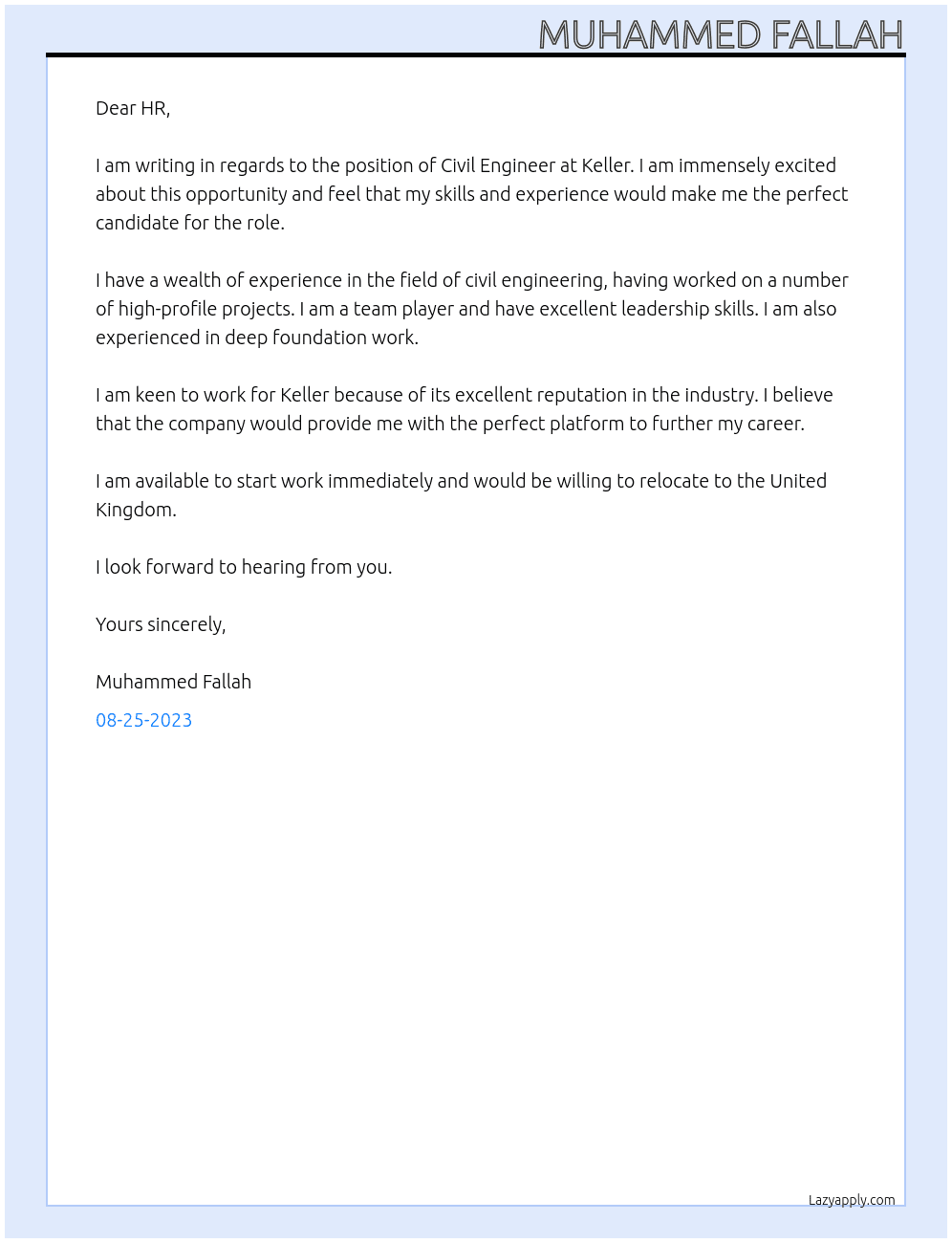 Civil Engineer  At Keller Cover Letter