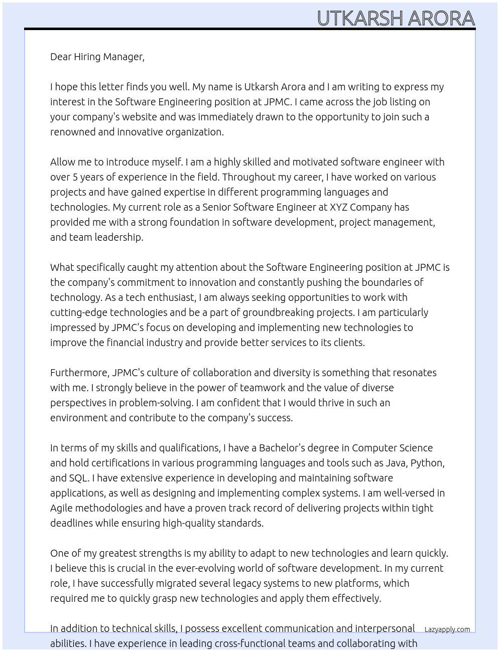 Software Engineering At JPMC Cover Letter