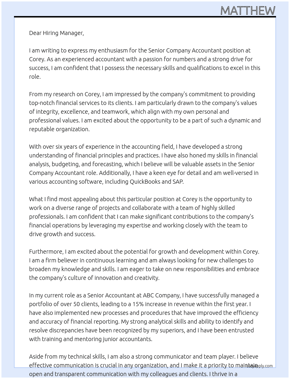 Senior Company Accountant At Corey Cover Letter