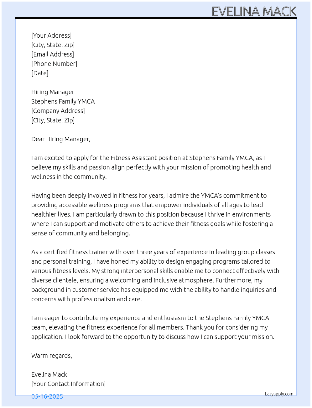 Fitness Assistant At Stephens Family YMCA Cover Letter