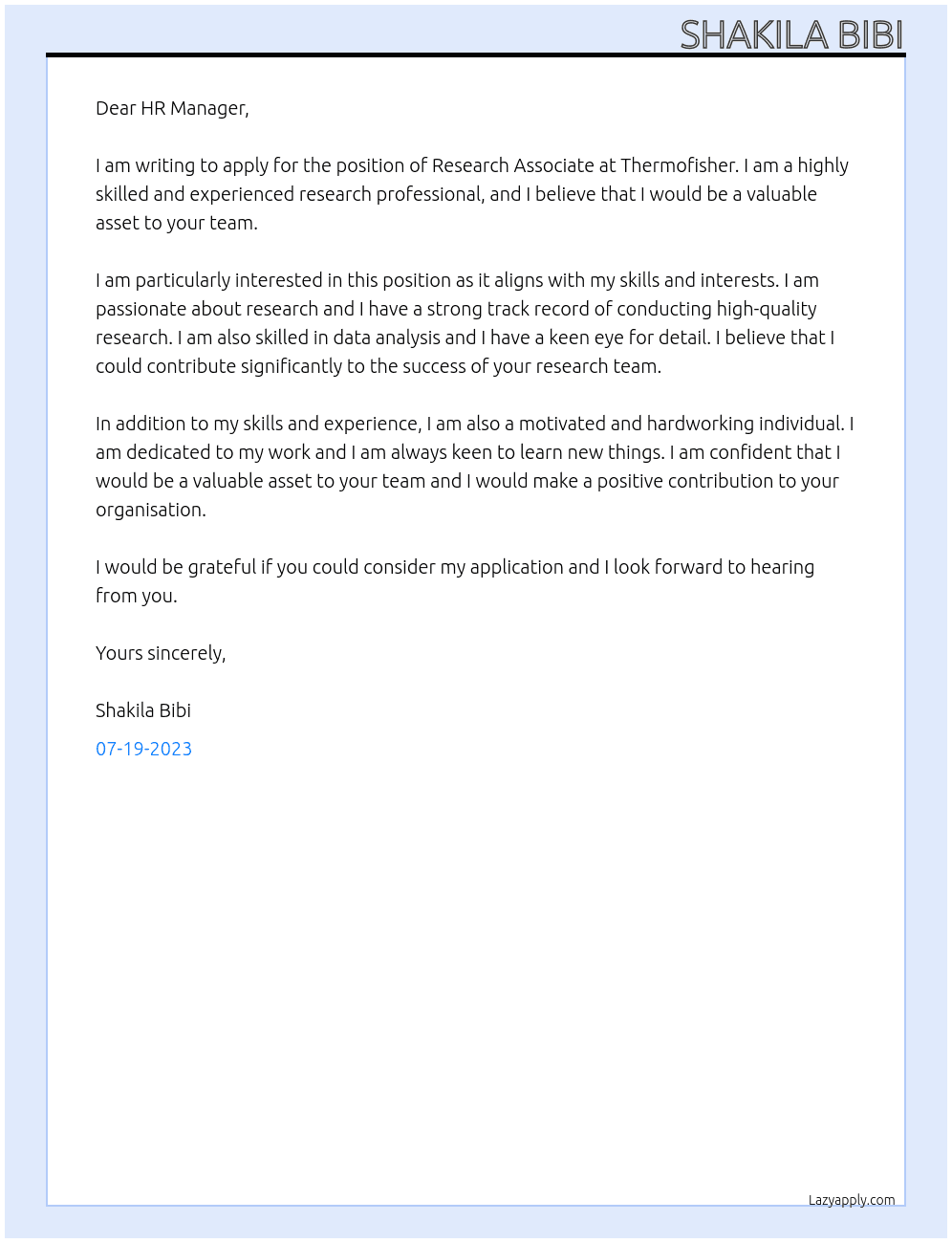 Research associate  At Thermofisher Cover Letter