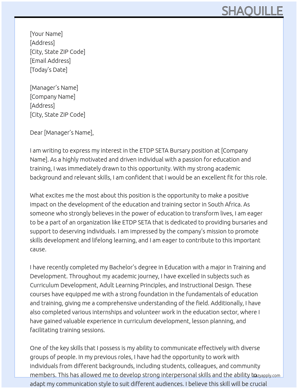 ETDP SETA Bursary At ETDP SETA Cover Letter