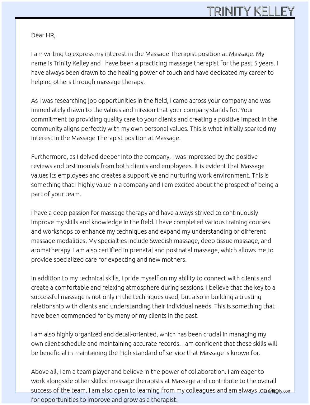 Massage Therapist At Massage Cover Letter
