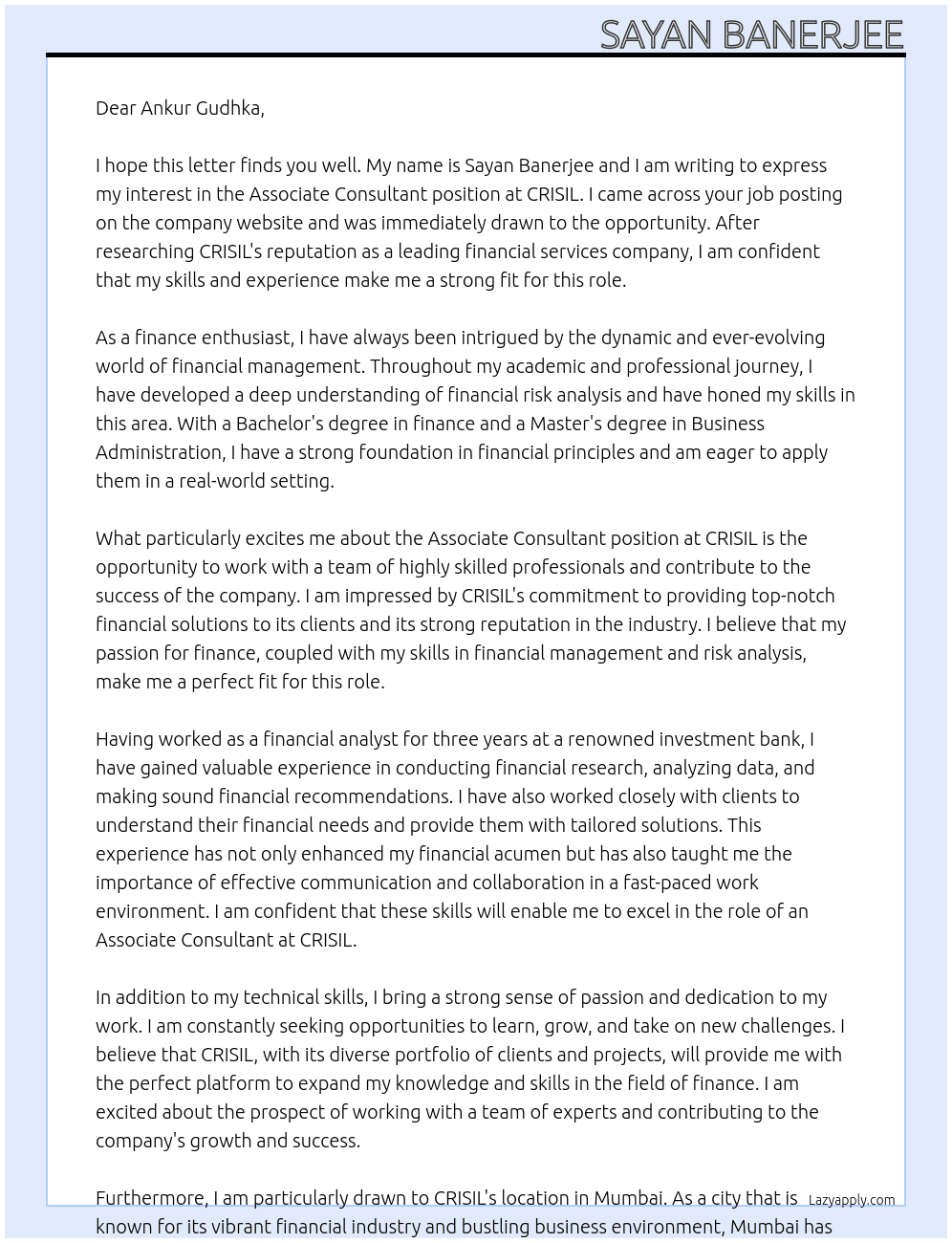 Associate Consultant  At CRISIL  Cover Letter