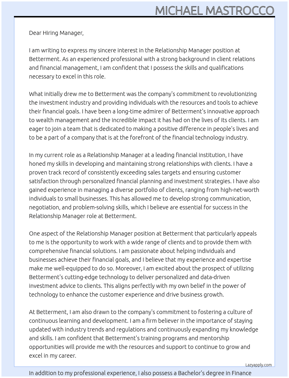 Relationship Manager  At Betterment Cover Letter