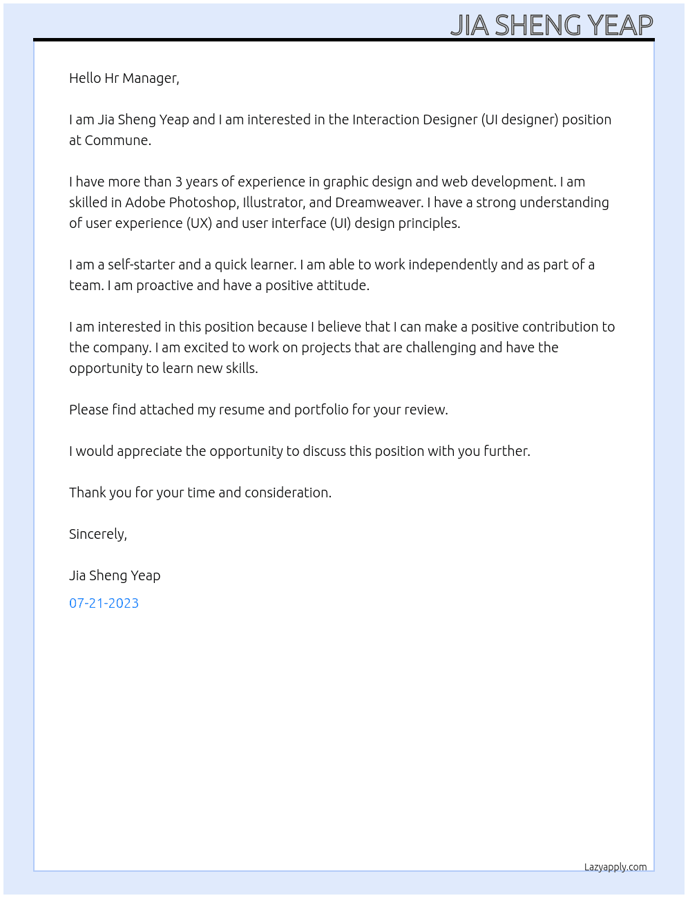 Interaction Designer (UI designer) / インタラクションデザイナー (UIデザイナー) At Commune Cover Letter