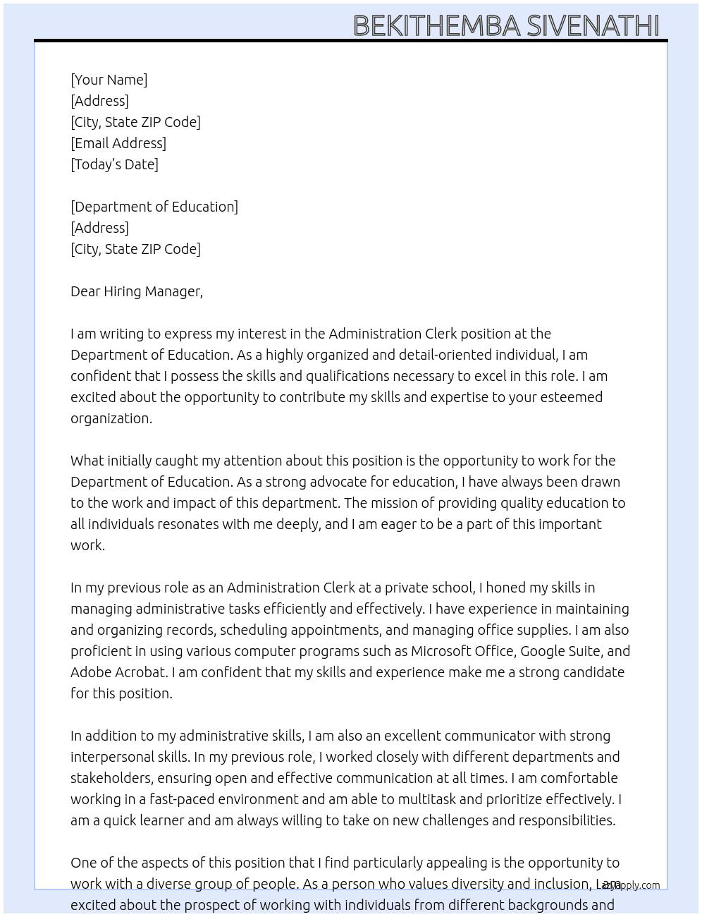 Administration clerk At Department of education  Cover Letter