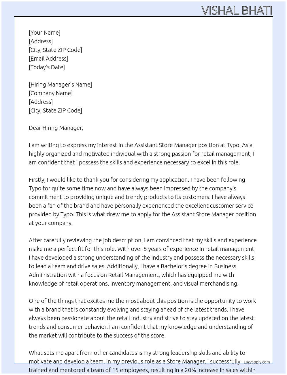 Assistant Store Manager At Typo Cover Letter