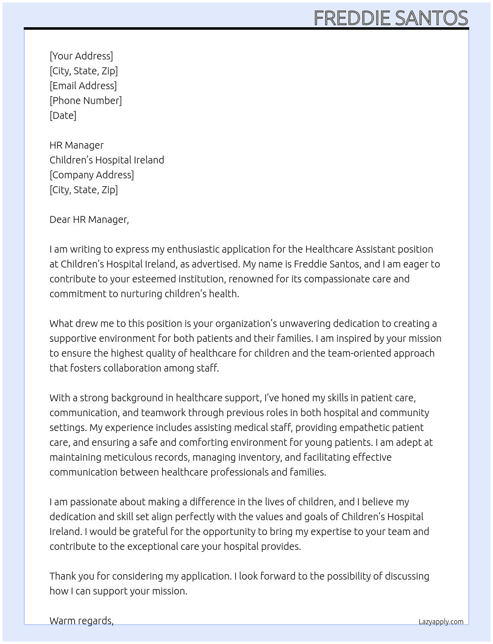healthcare assistant At Childrens Hospital Ireland Cover Letter