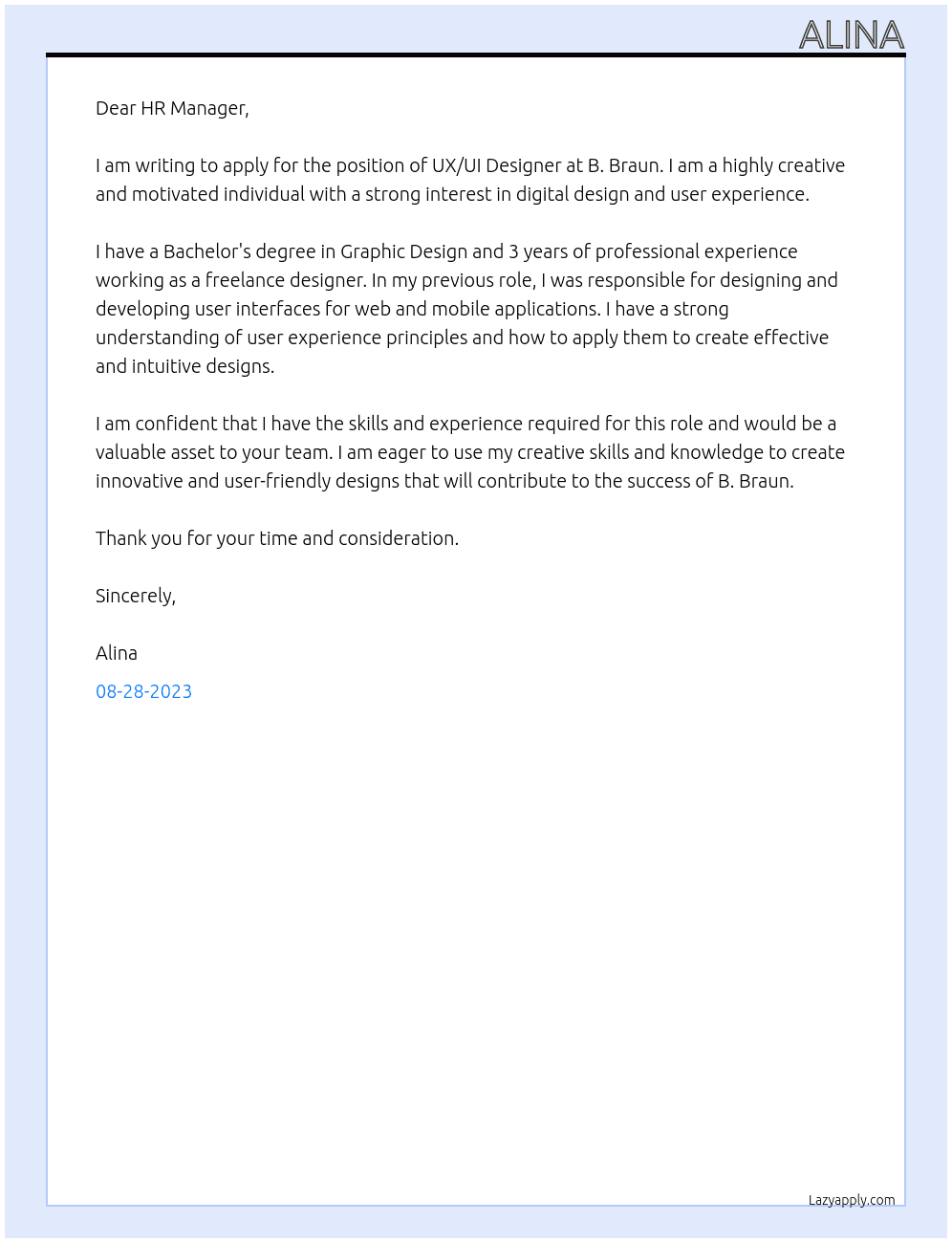UX/UI Designer At  B. Braun Cover Letter