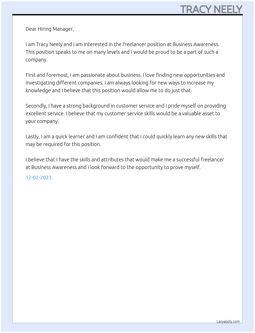Freelancers At Business Awareness Cover Letter