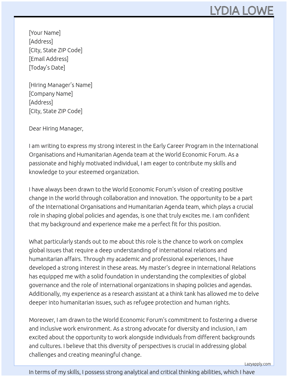 Early Career Program in the International Organisations and Humanitarian Agenda team At World Economic Forum Cover Letter