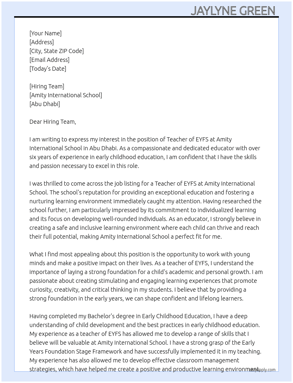 Teacher of EYFS At Amity International School - Abu Dhabi Cover Letter