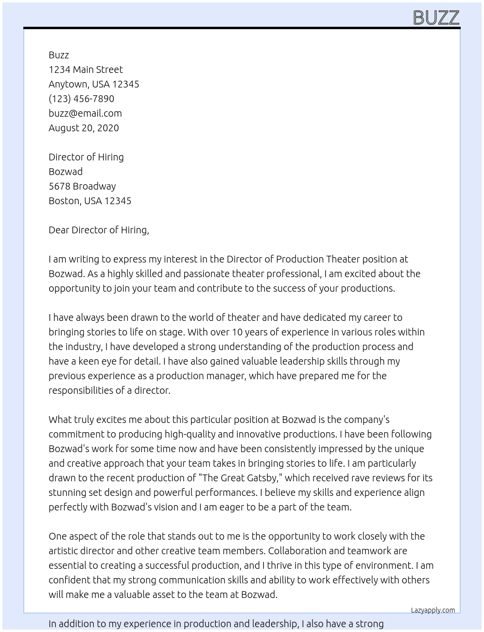 Director of production theater At Bozwad Cover Letter