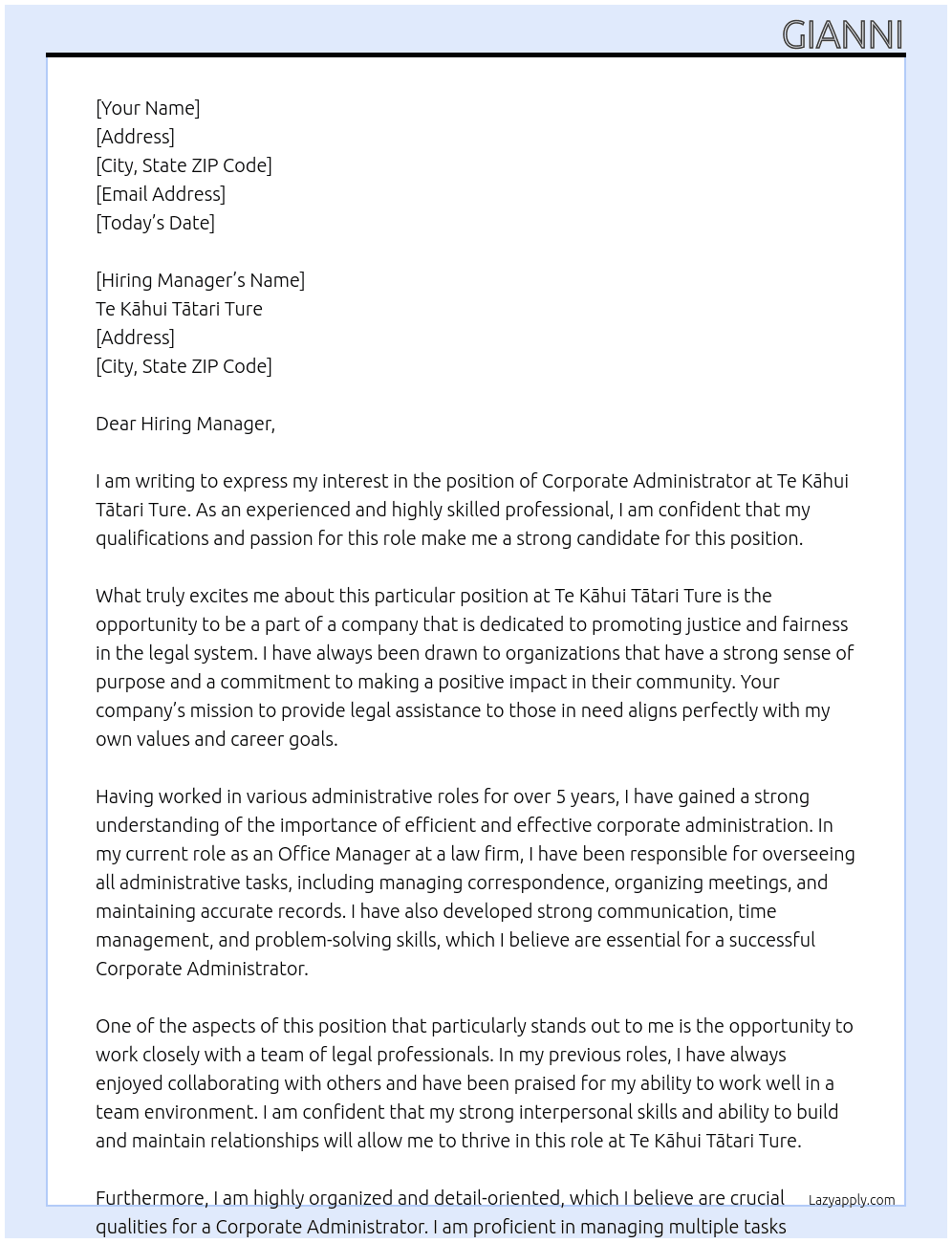 Cover letter for corporate administrator - LazyApply