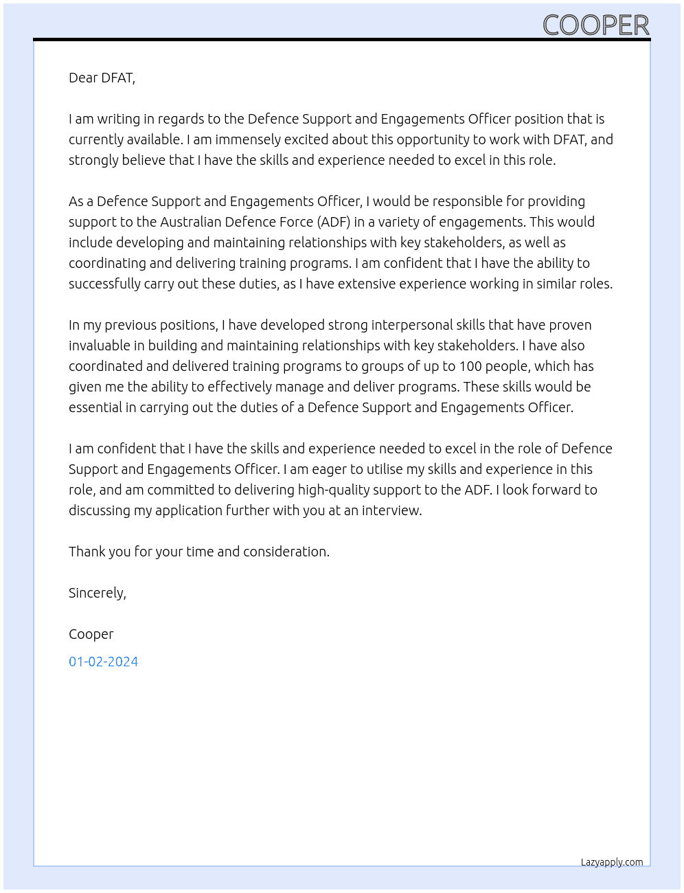 Defence Support and Engagements Officer At DFAT Cover Letter