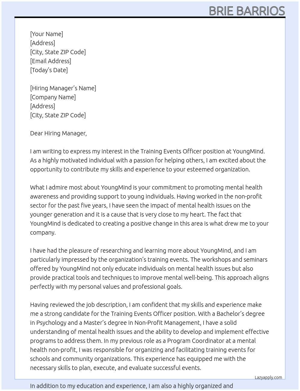 Training Events Officer At YoungMind Cover Letter