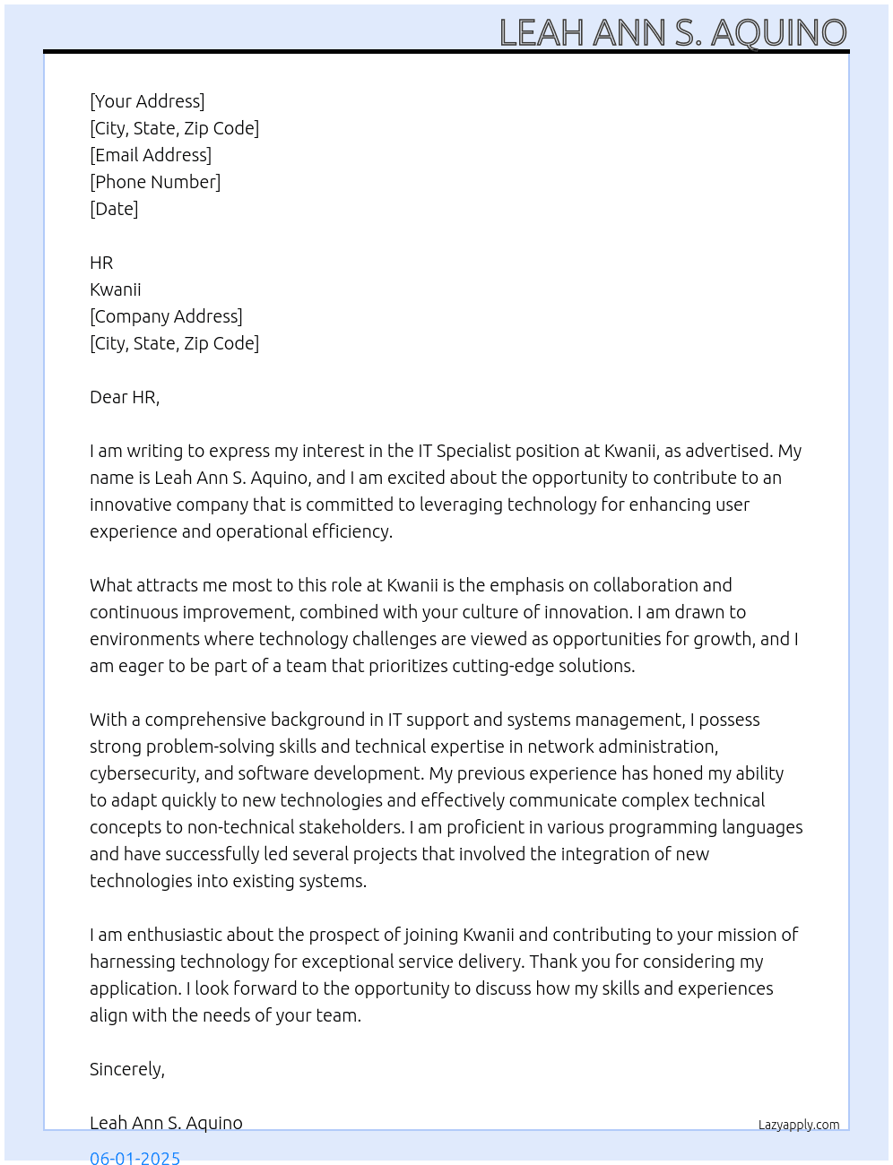 IT Specialist At Kwanii Cover Letter
