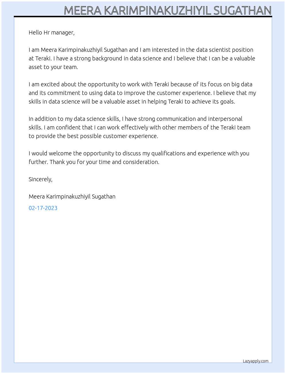 data scientist At teraki Cover Letter