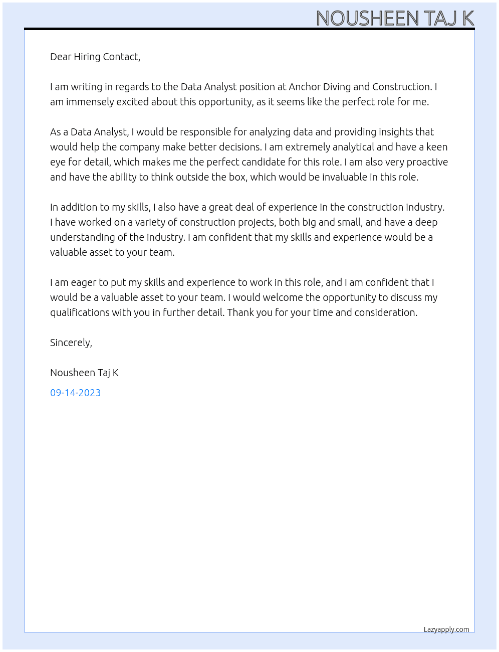 data analyst At  Anchor Diving and Contruction Cover Letter