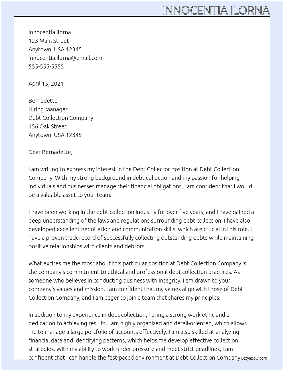 Debt Collector At Debt Collection Company Cover Letter
