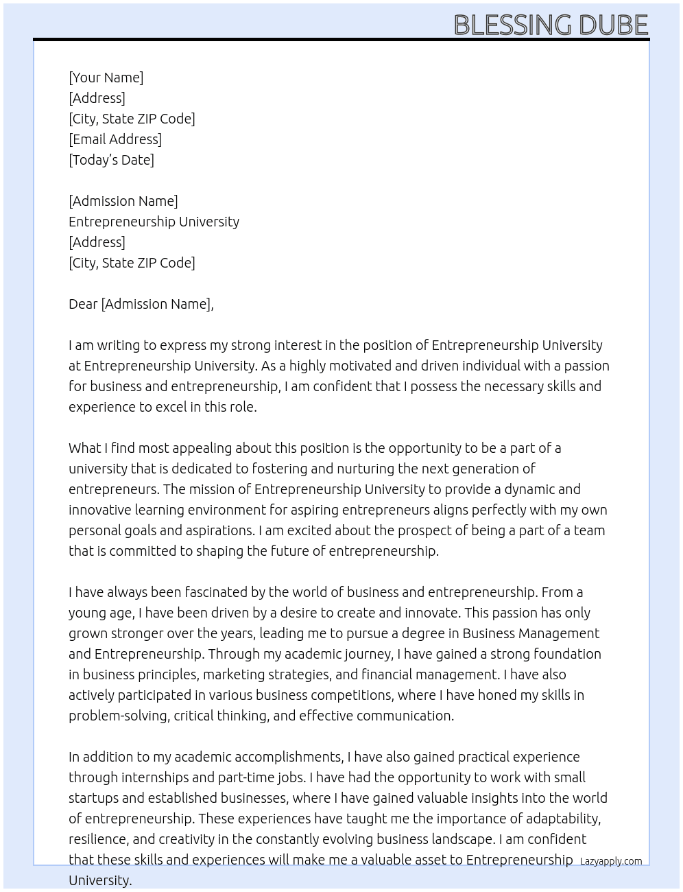 Entrepreneurship University  At Entrepreneurship University  Cover Letter