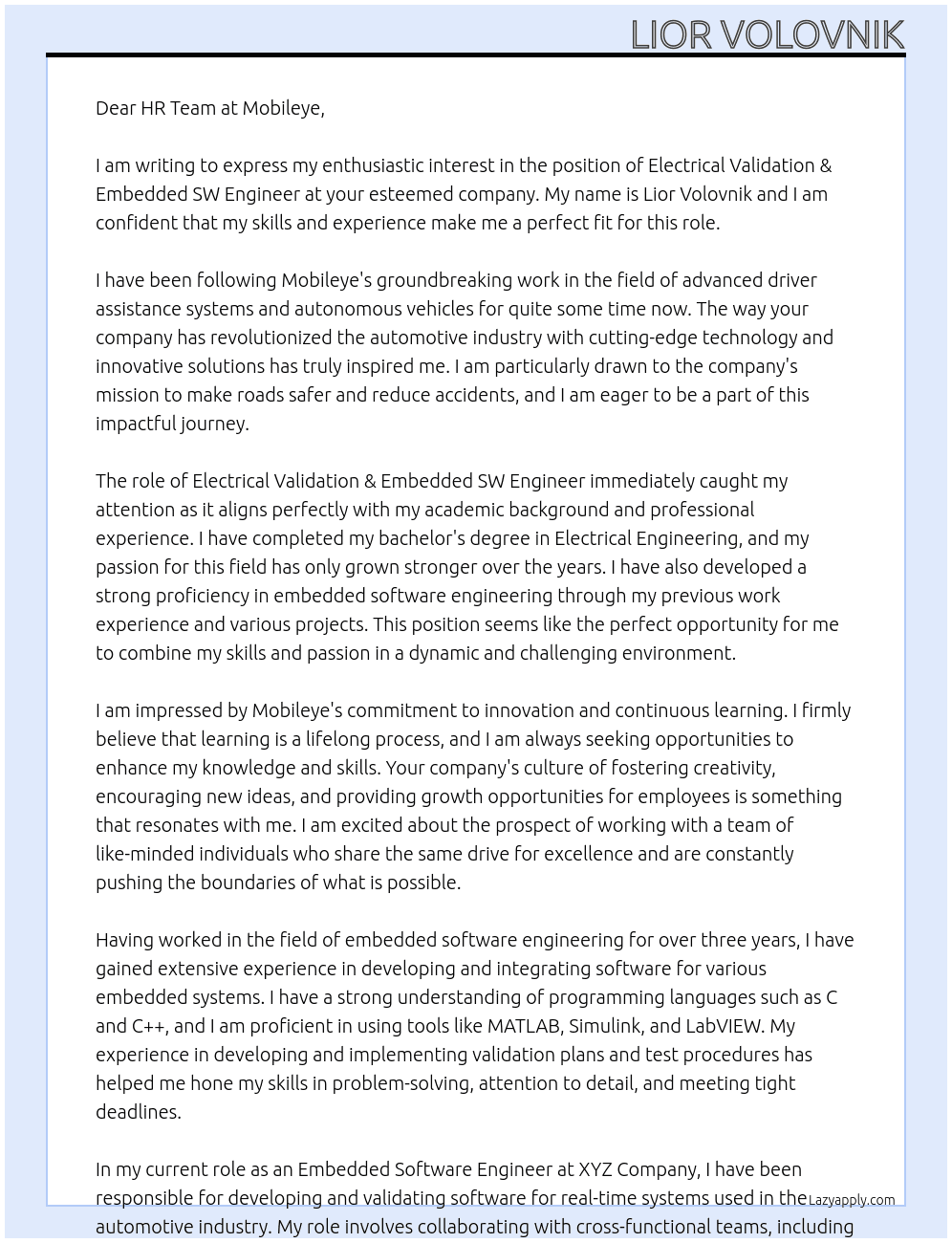 Electrical Validation & Embedded SW Engineer At Mobileye Cover Letter