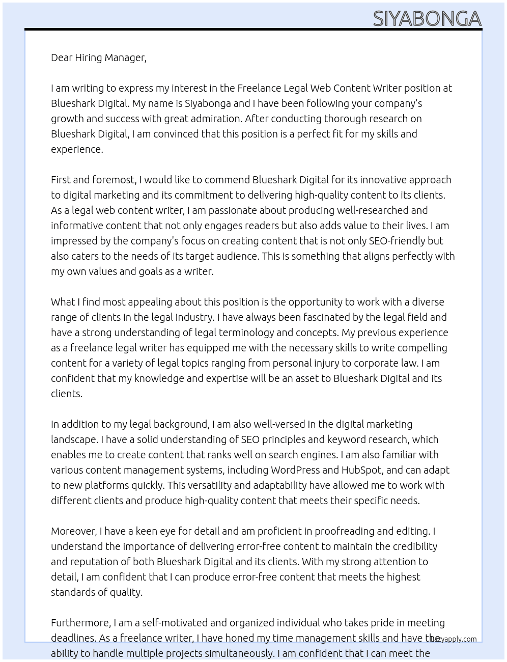 Freelance Legal Web Content Writer At blueshark digital Cover Letter