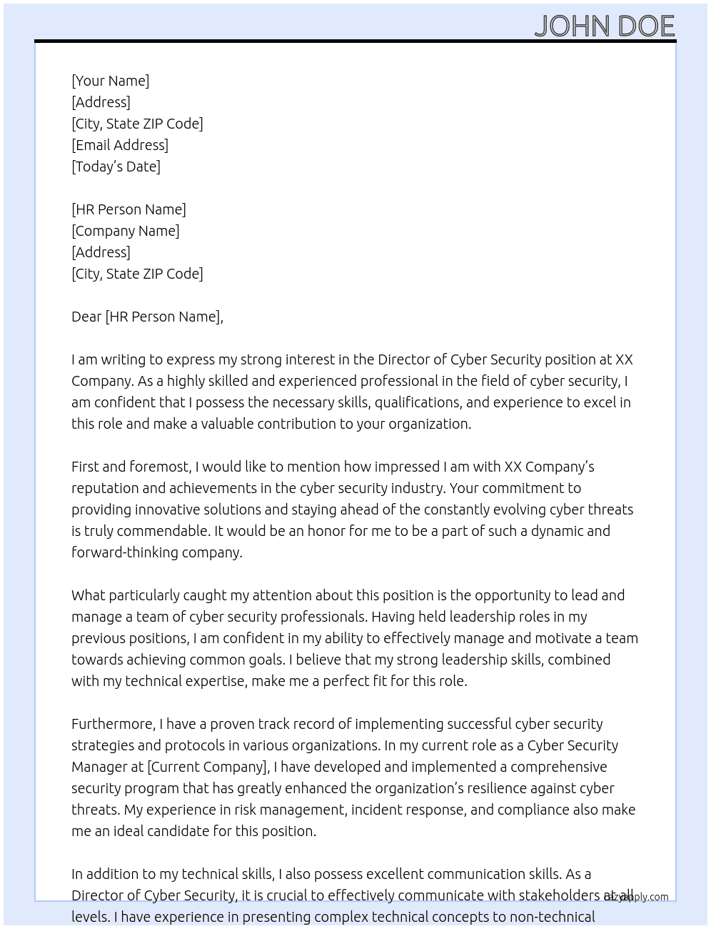 Director of Cyber Security At XX Company Cover Letter