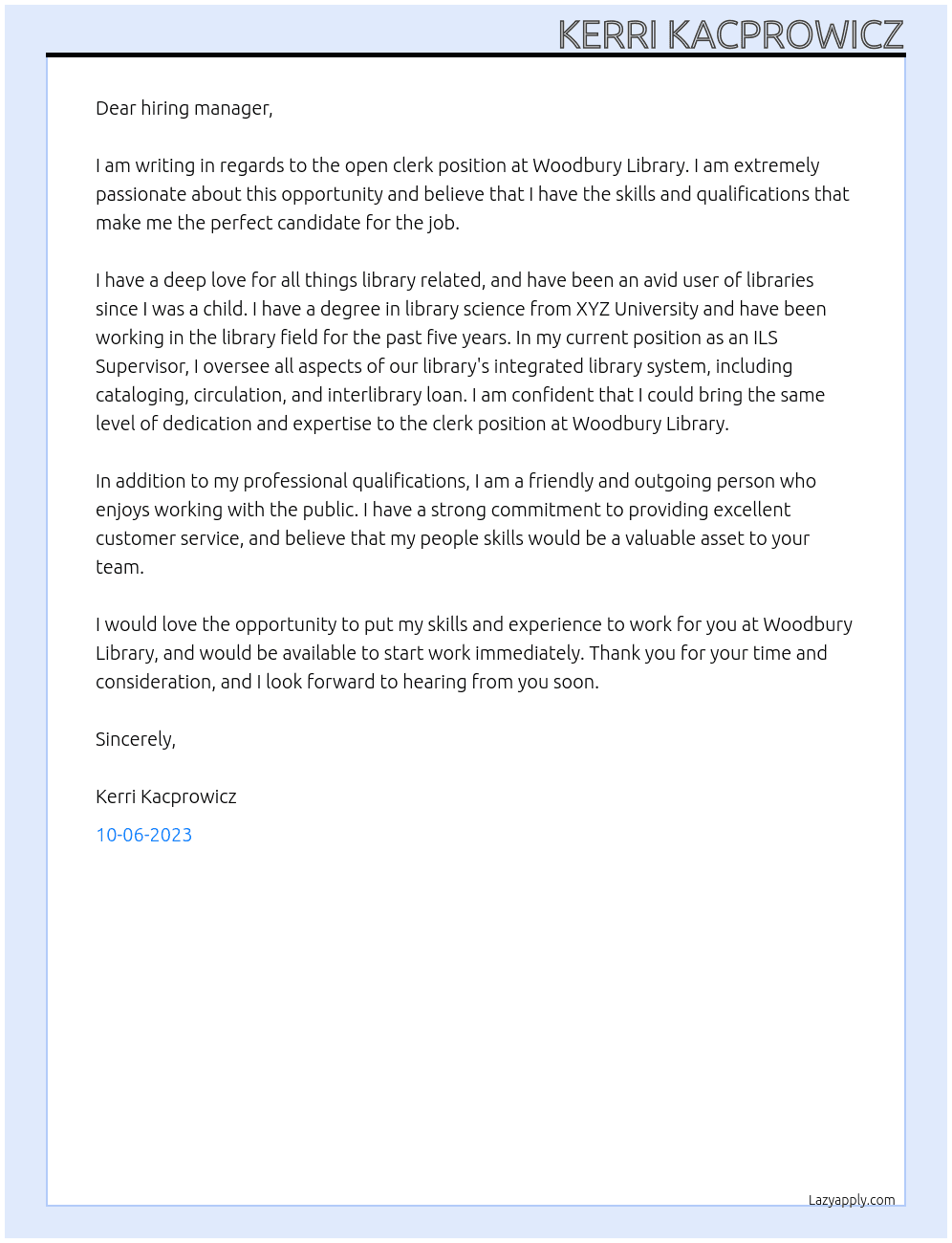 clerk At Woodbury Library Cover Letter