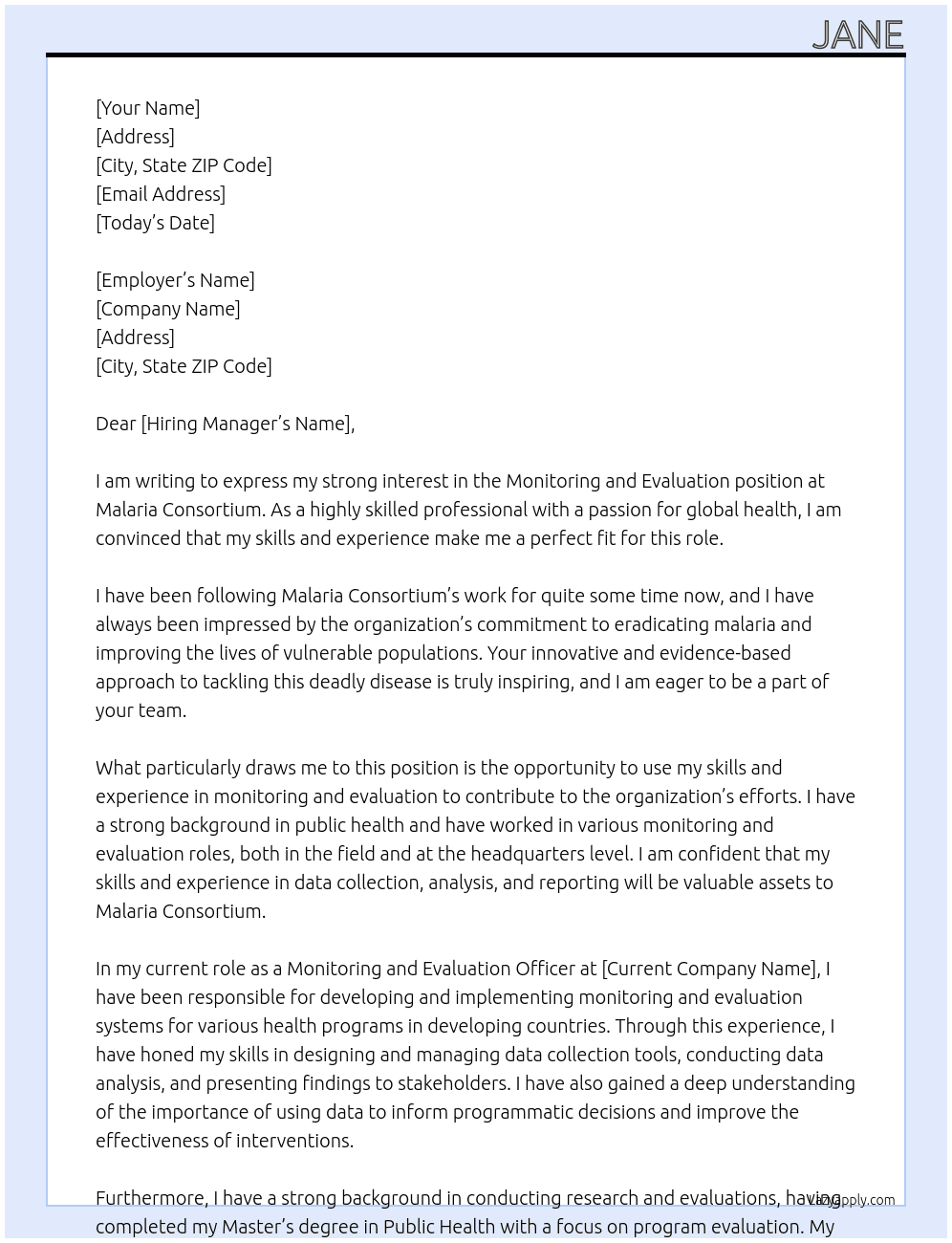 Monitoring and evaluation  At Malaria  consortium  Cover Letter
