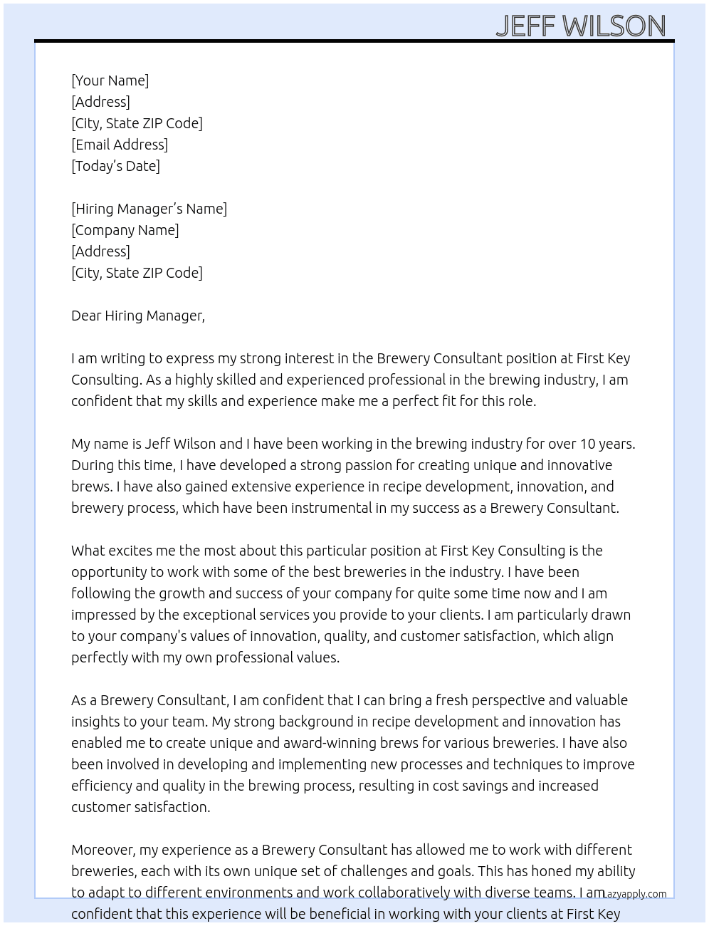Brewery consultant  At First Key Consulting  Cover Letter