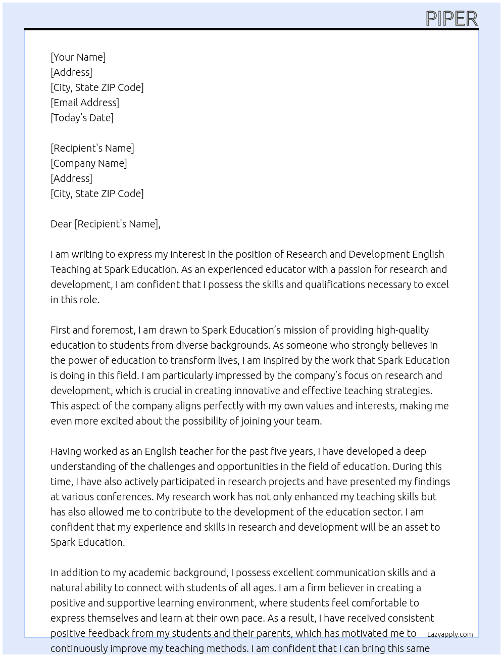 Research and Development English Teaching At Spark Education Cover Letter