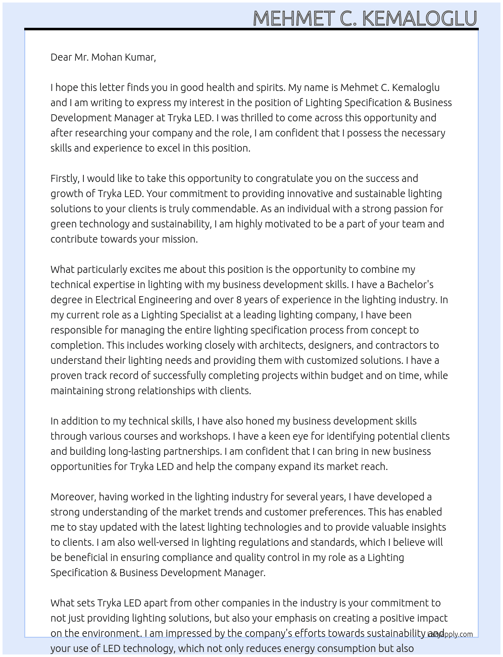 Lighting Specification & Business Development Manager At Tryka LED  Cover Letter