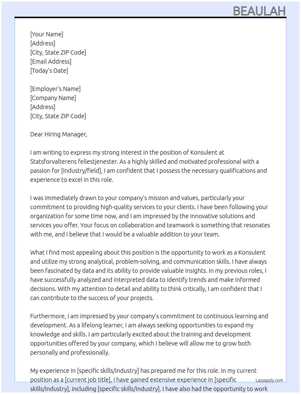 konsulent At Statsforvalterens fellestjenester Cover Letter
