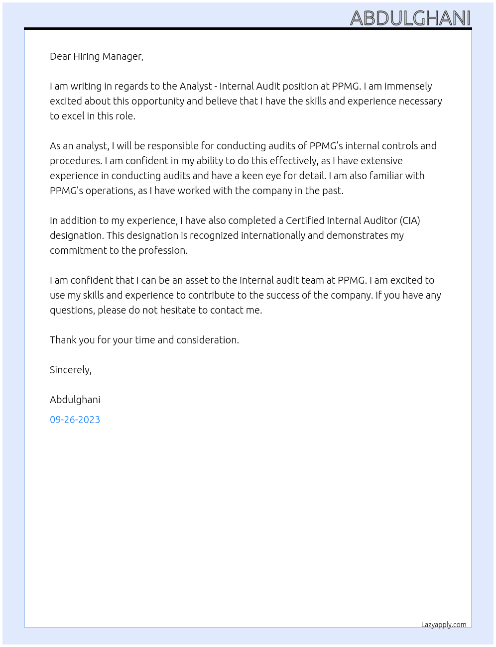 Analyst - Internal Audit At PPMG Cover Letter
