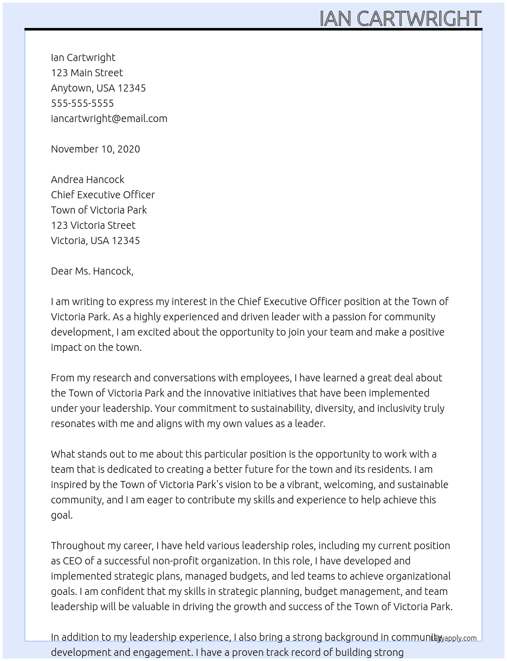 Chief Executive Officer At Town of Victoria Park Cover Letter