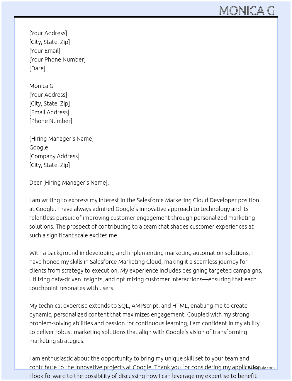 Cover letter for salesforce marketing cloud developer - LazyApply