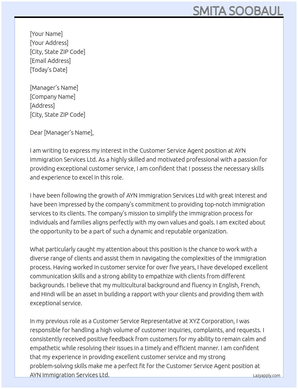 Customer service agent  At AYN Immigration Services Ltd Cover Letter
