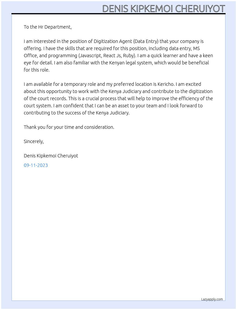 Digitization Agent (Data Entry) At Kenya Judciary Cover Letter
