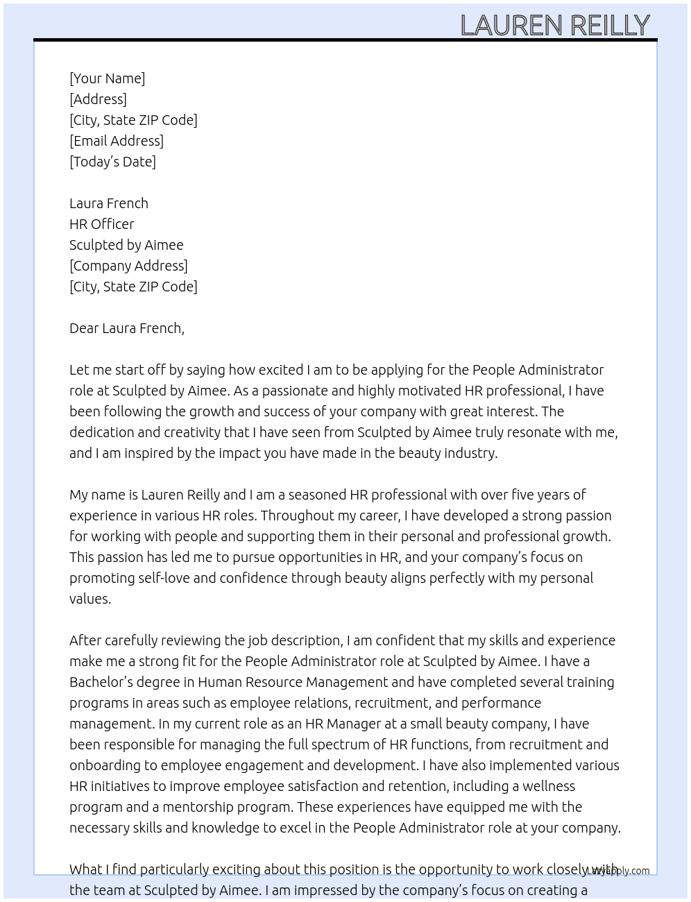HR officer  At Sculpted by Aimee Cover Letter