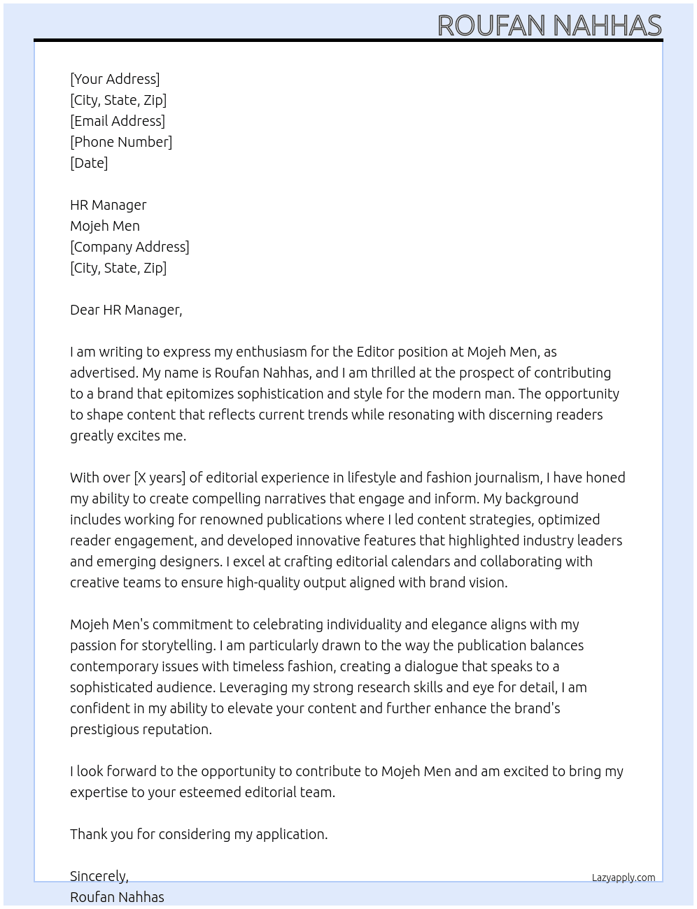 Editor for MOJEH Men position At Mojeh men Cover Letter