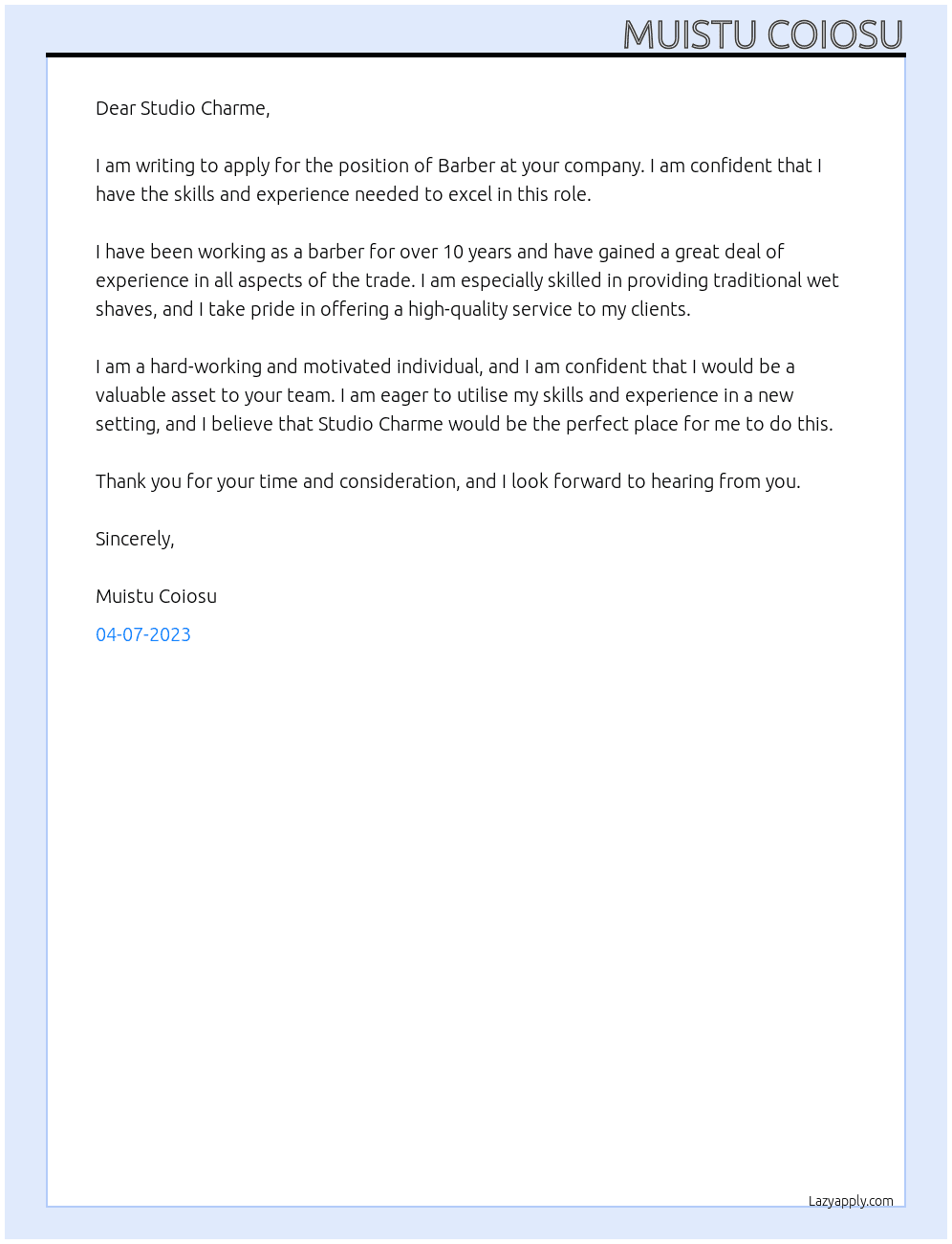 Barber At Studio Charme Cover Letter