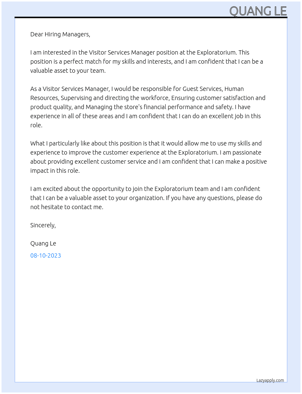 Visitor Services Manager At Exploratorium  Cover Letter