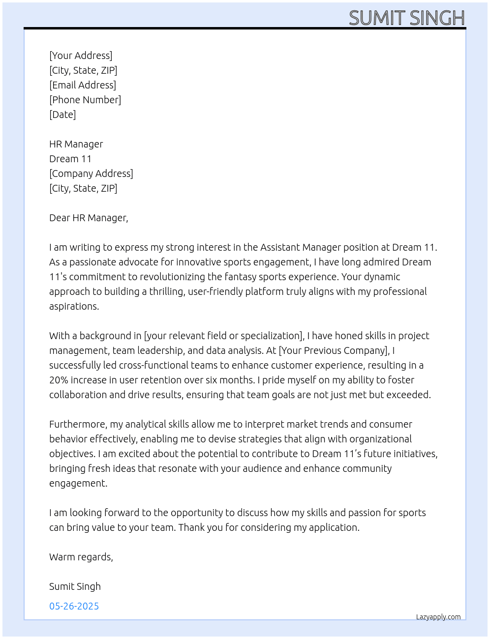 Assistant manager At Dream 11 Cover Letter