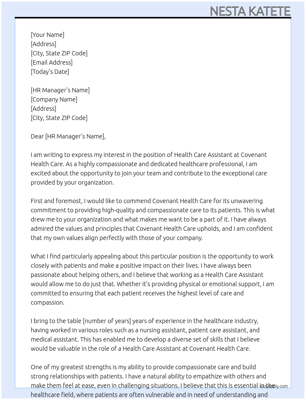 health care assistant At covenant health care Cover Letter