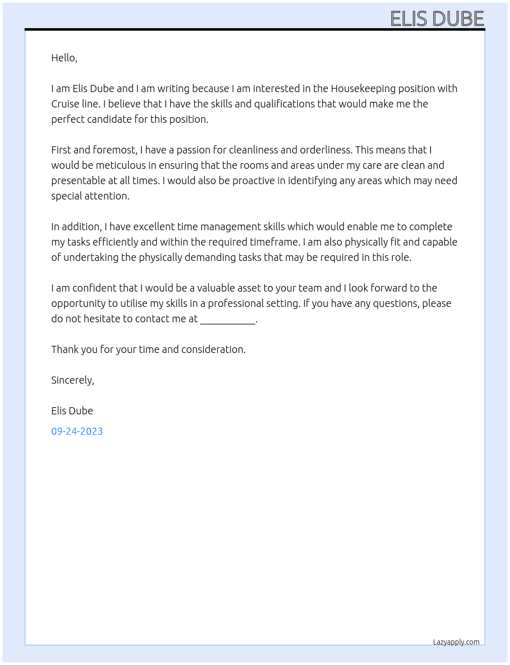 Housekeeping  At Cruise line Cover Letter