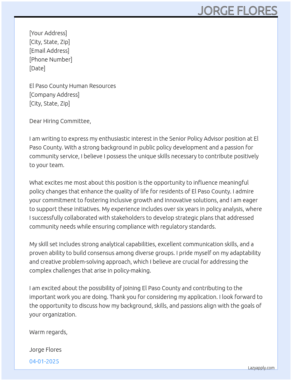Senior Policy Advisor At El Paso County Cover Letter