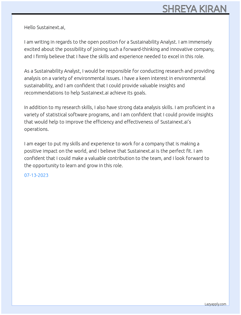 Sustainability analyst  At Sustainext.ai Cover Letter
